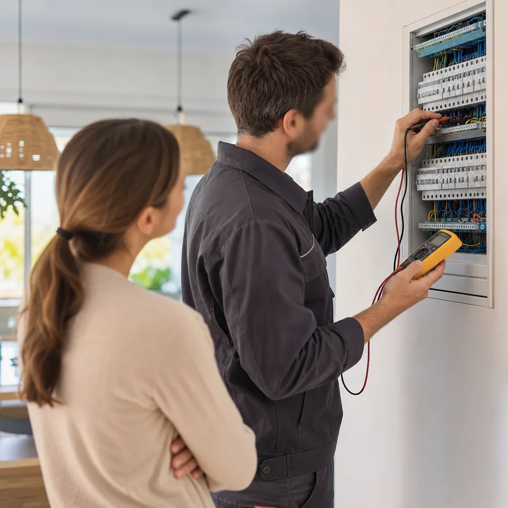 Tecnico elettricista controlla un quadro elettrico moderno con multimetro